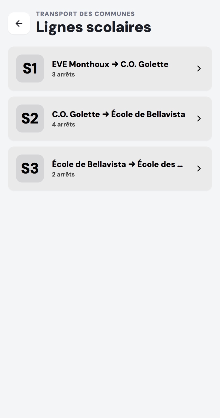 Écran de l'application affichant les lignes scolaires