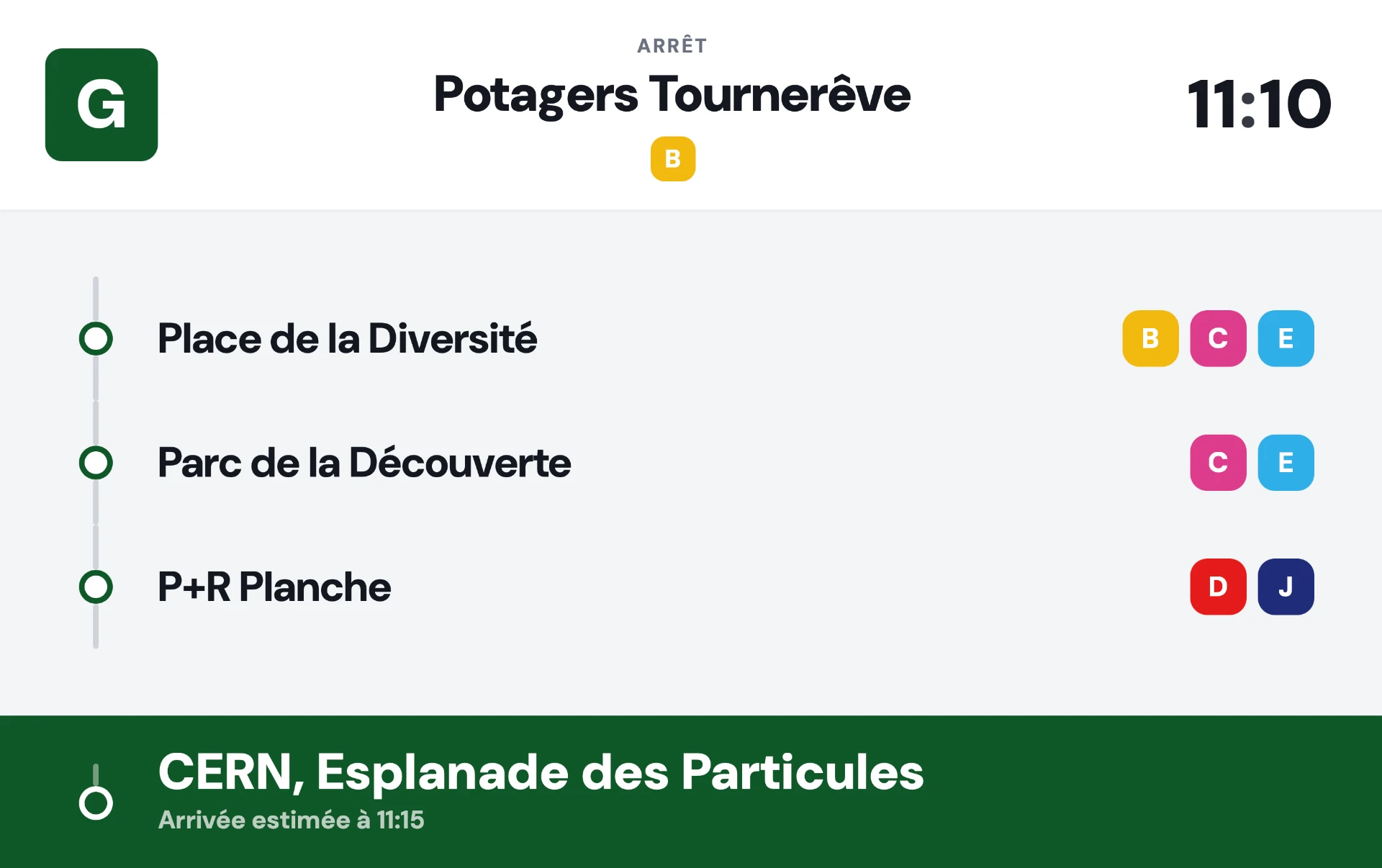 Affichage embarqué de la ligne G à l'arrêt Potagers Tournerêve