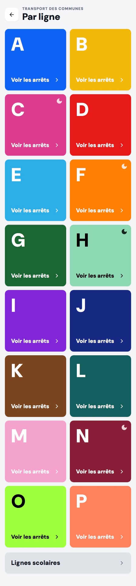 Écran de l'application affichant la liste des lignes du réseau TCG