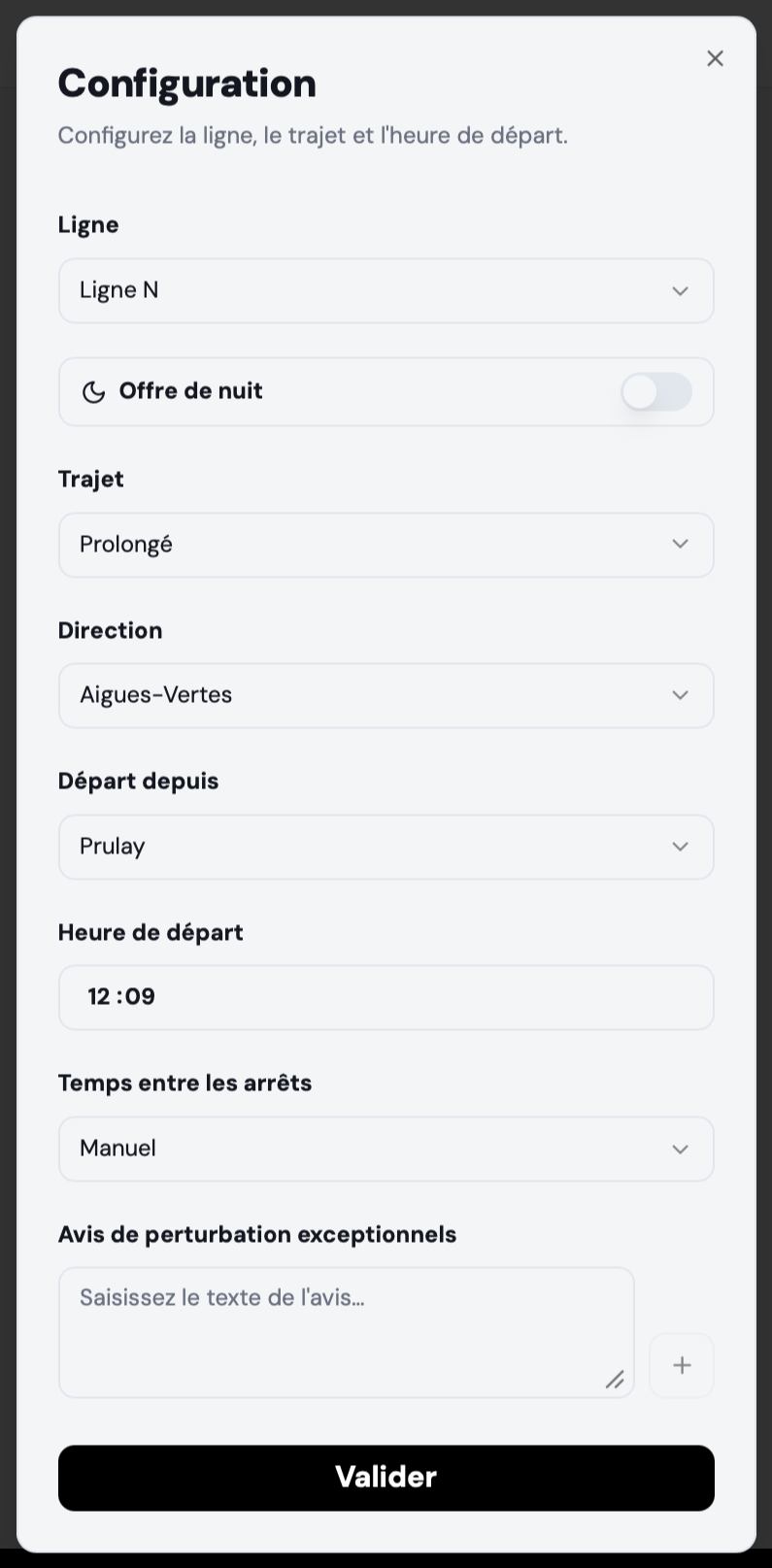 Fenêtre de configuration complète de l'affichage embarqué