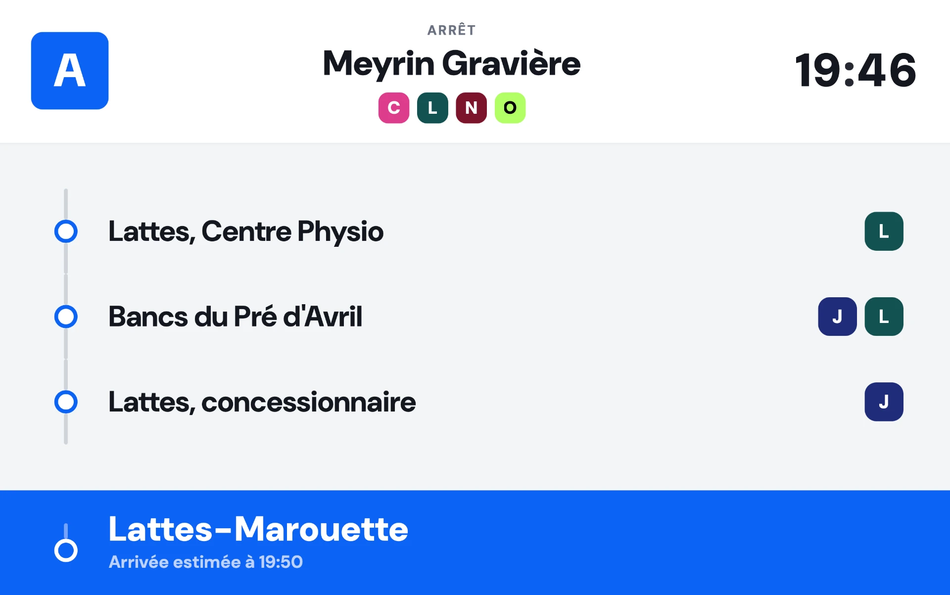 Affichage embarqué de la ligne A à l'arrêt Meyrin Gravière
