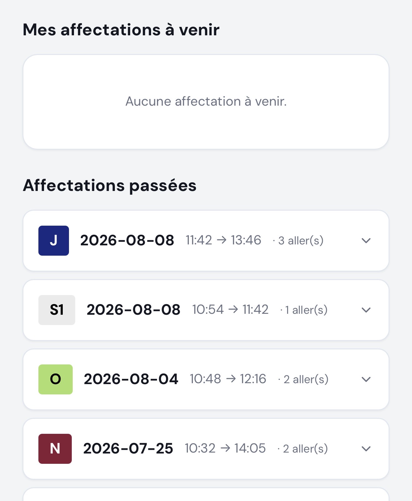 Liste des affectations à venir et des affectations passées
