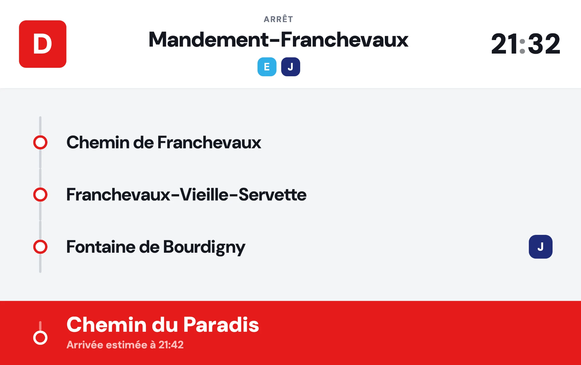 Affichage embarqué de la ligne D à l'arrêt Mandement-Franchevaux