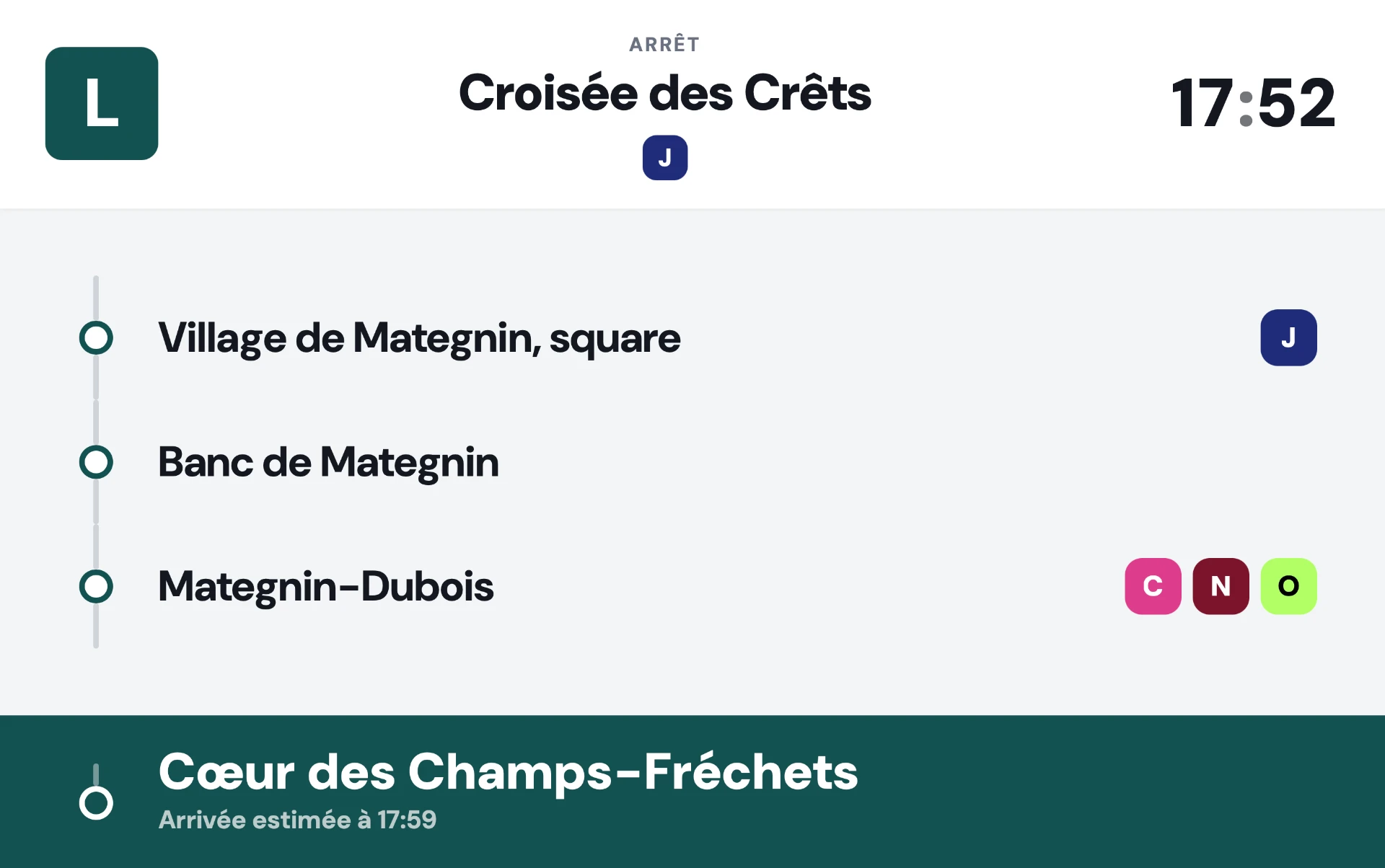 Affichage embarqué de la ligne L à l'arrêt Croisée des Crêts