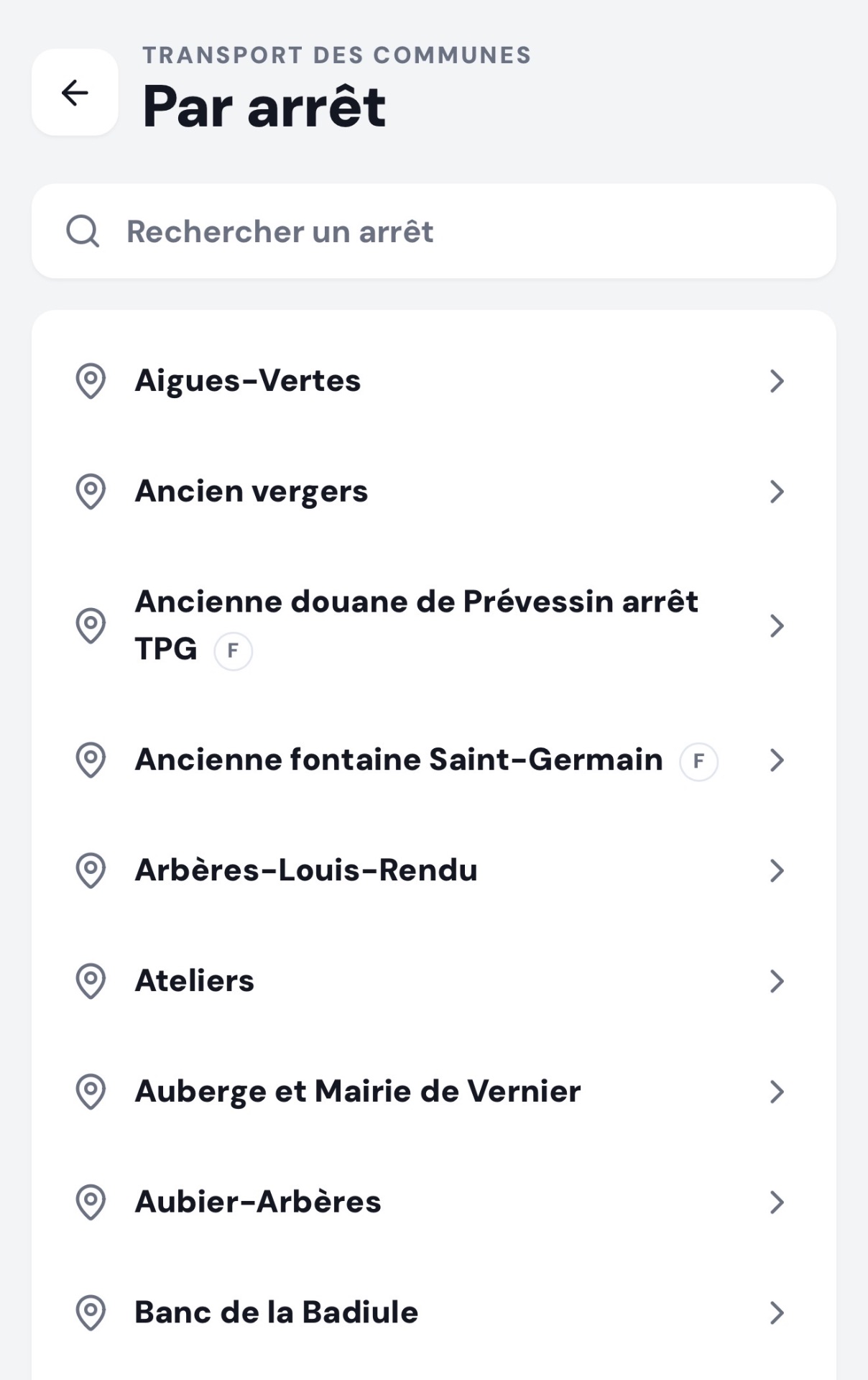 Écran de l'application affichant la liste des arrêts du réseau TCG