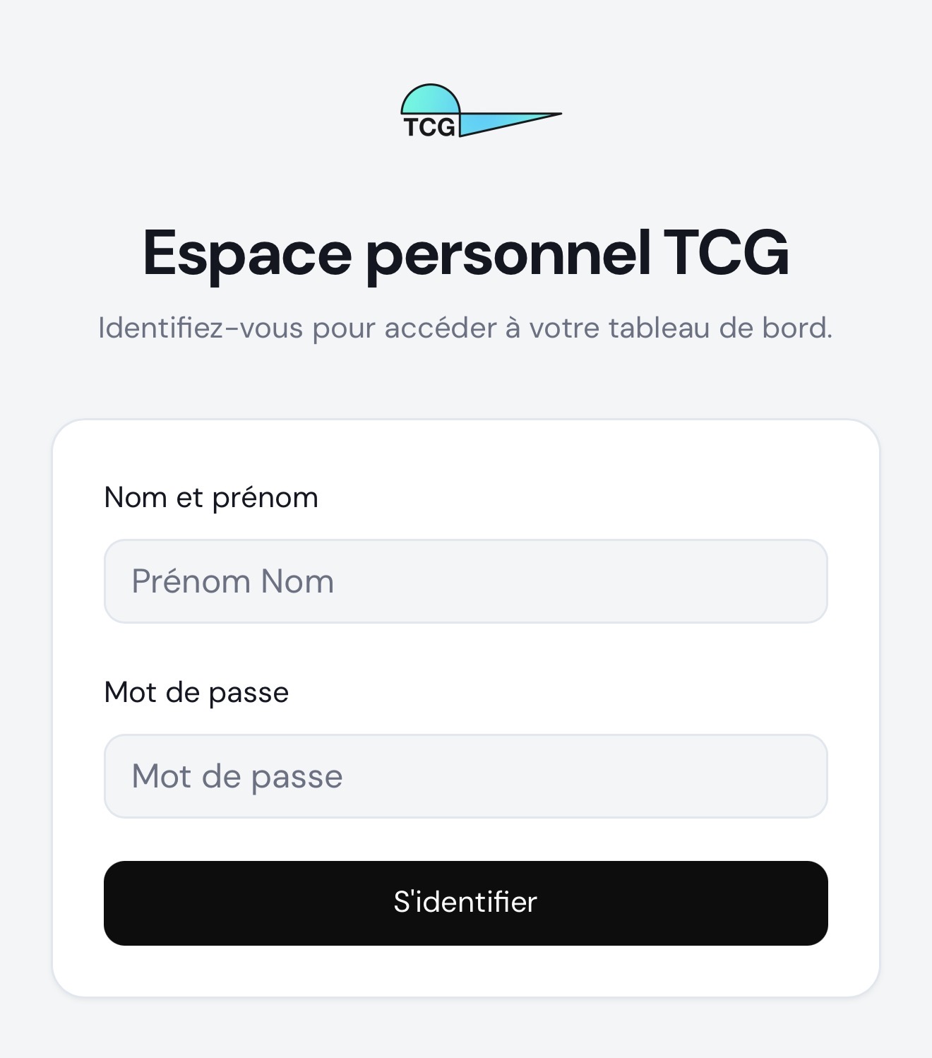 Écran de connexion à l'espace personnel TCG