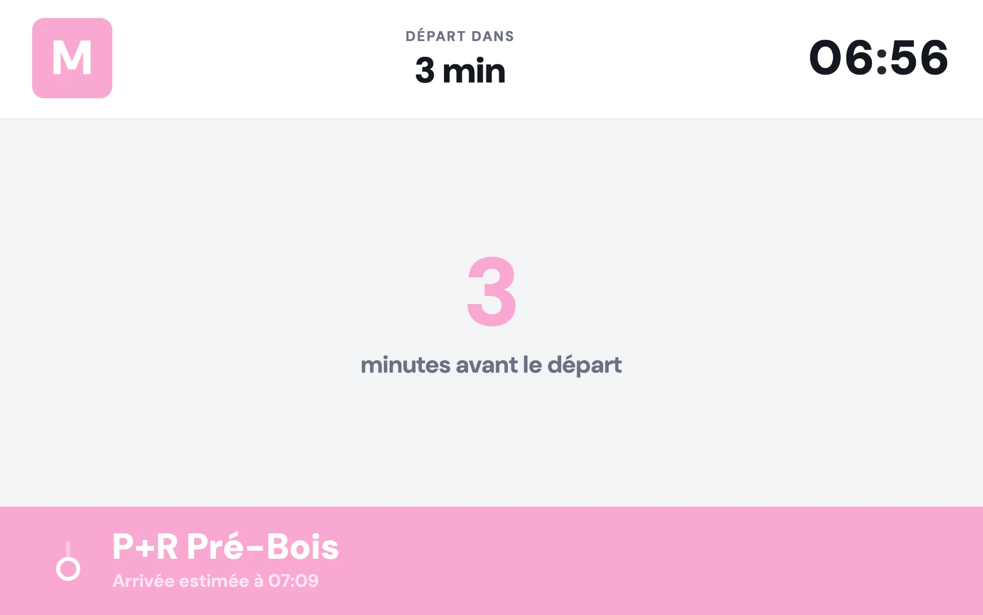 Affichage embarqué de la ligne M indiquant 3 minutes avant le départ