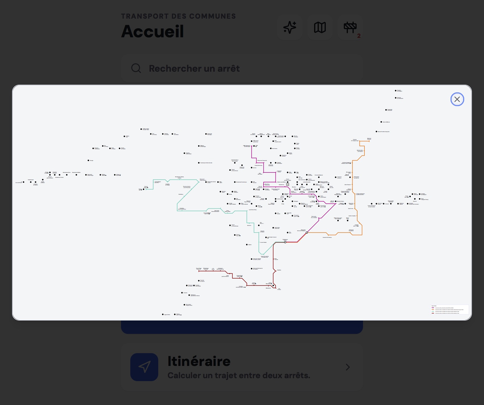 Plan du réseau TCG de nuit, limité aux lignes C, F, H et N