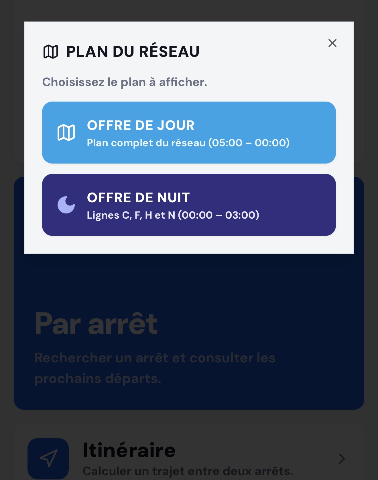 Écran de l'application proposant le choix entre le plan de jour et le plan de nuit