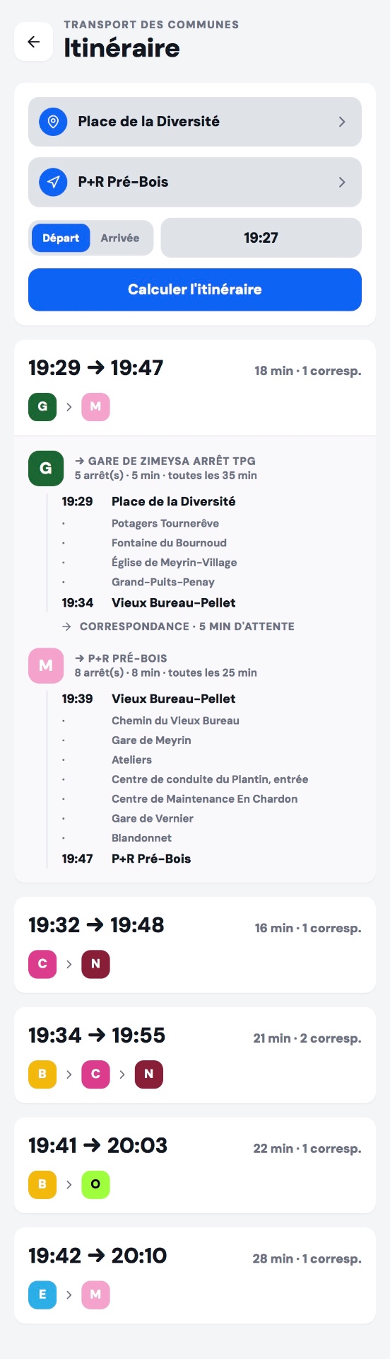 Écran de l'application affichant un calcul d'itinéraire