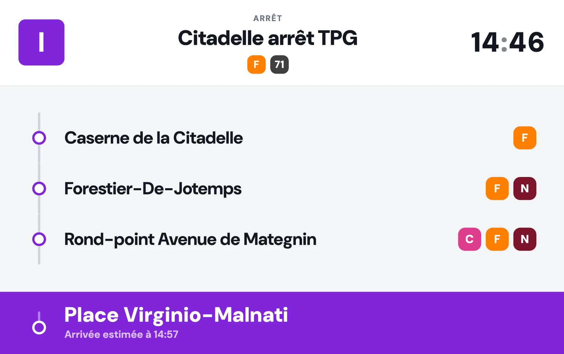 Affichage embarqué de la ligne I à l'arrêt Citadelle arrêt TPG