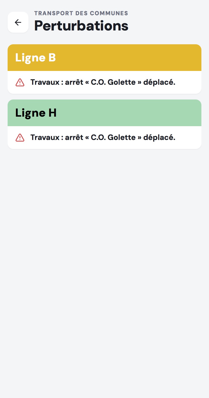 Écran de l'application affichant les perturbations en cours sur le réseau