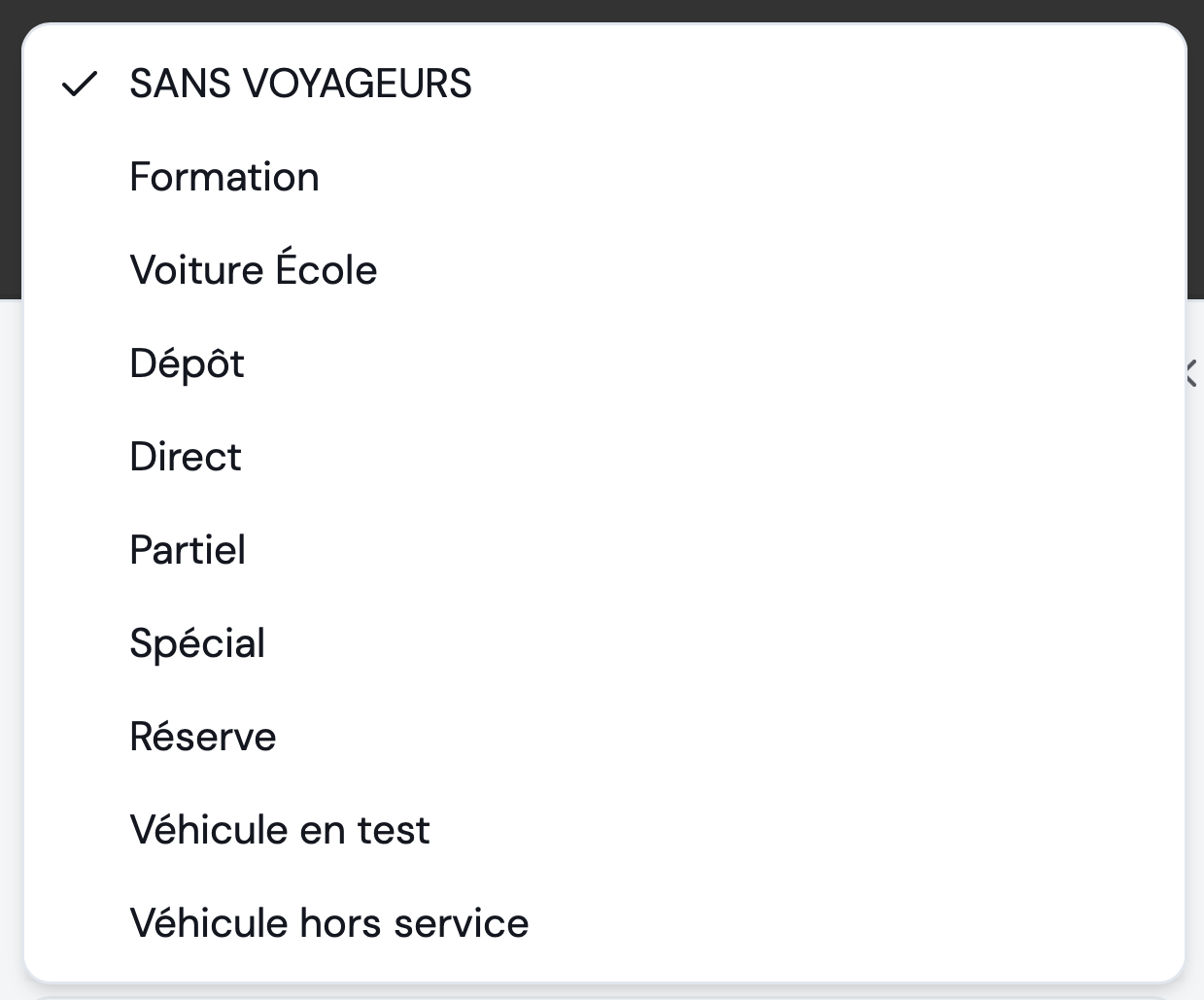 Liste déroulante des types de trajet disponibles