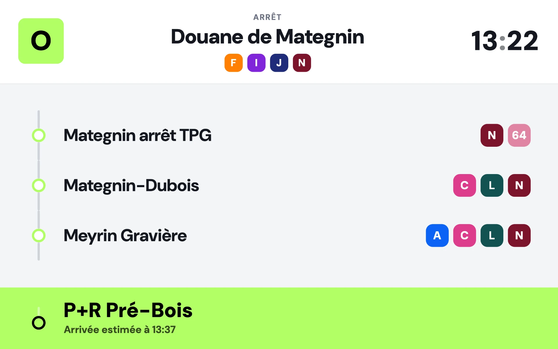Affichage embarqué de la ligne O à l'arrêt Douane de Mategnin