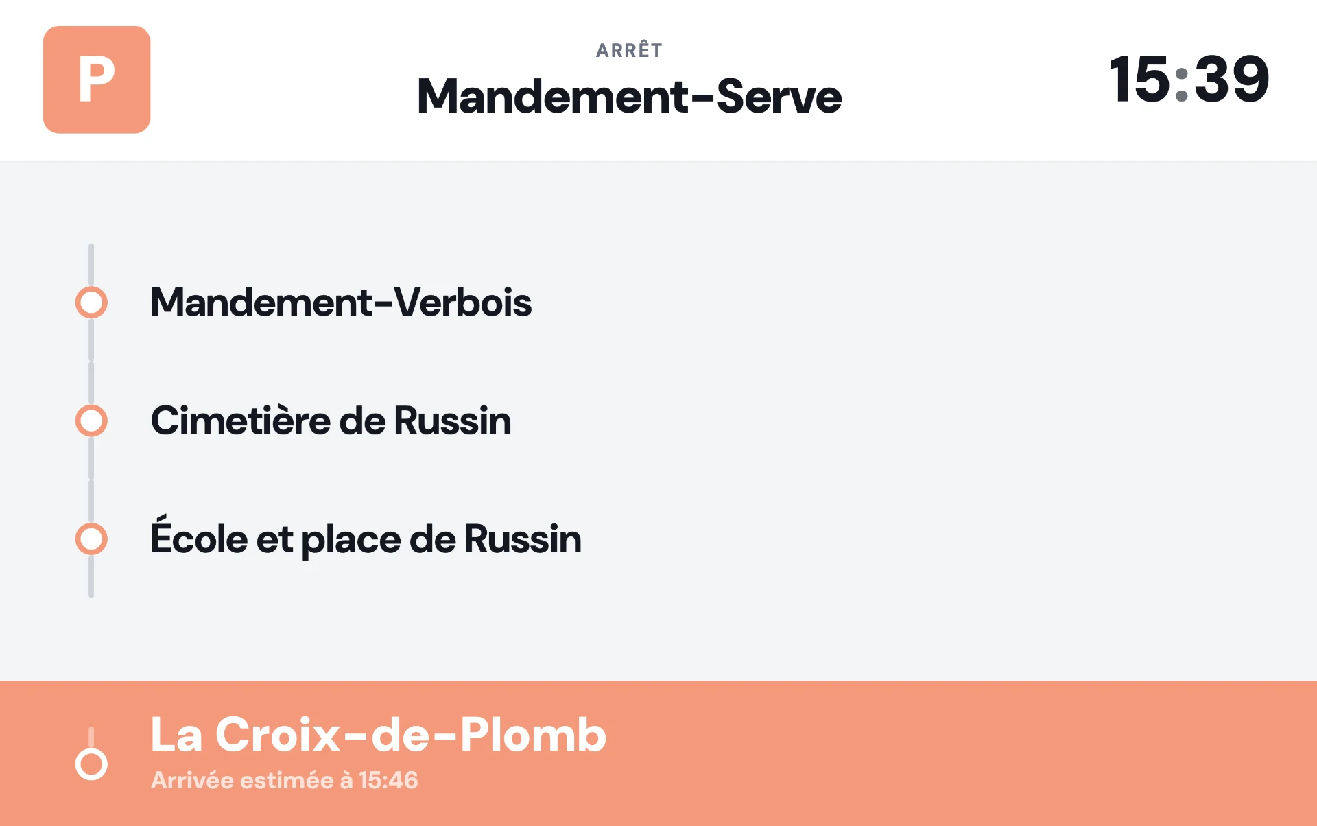 Affichage embarqué de la ligne P à l'arrêt Mandement-Serve
