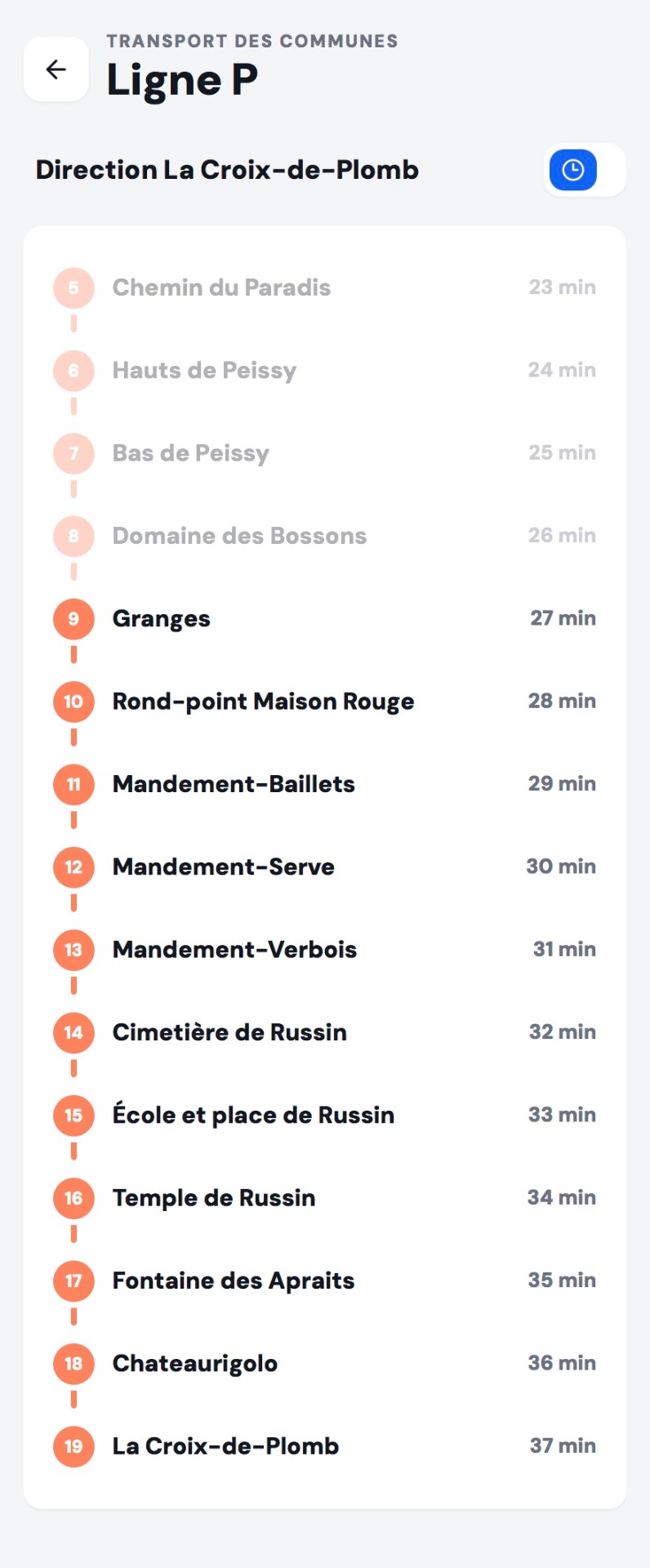 Écran de l'application affichant la progression d'un véhicule sur son parcours